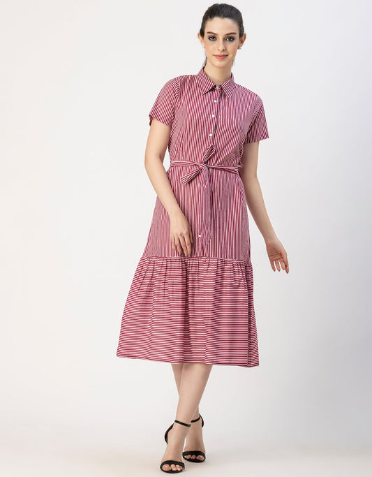 Short Sleeve A-Line Shirt Collar Cotton Dress