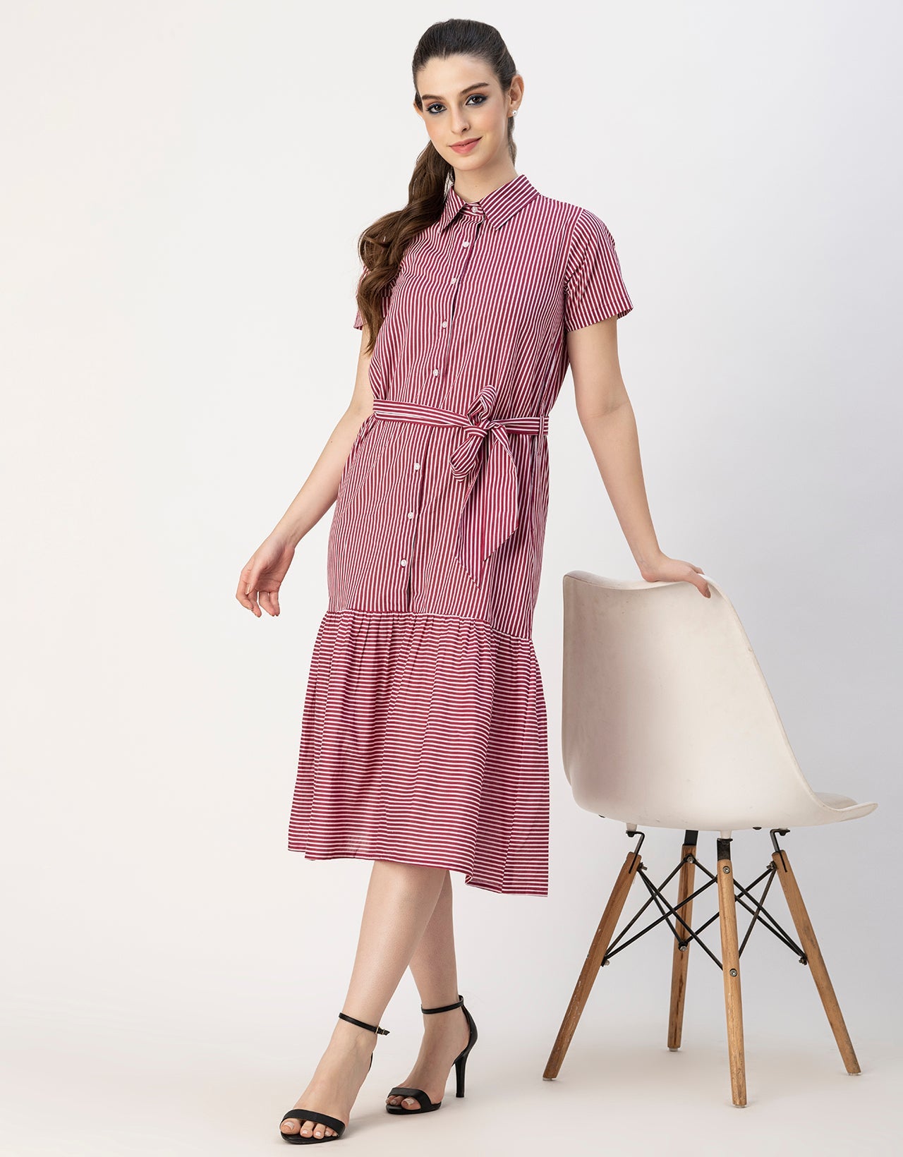 Short Sleeve A-Line Shirt Collar Cotton Dress