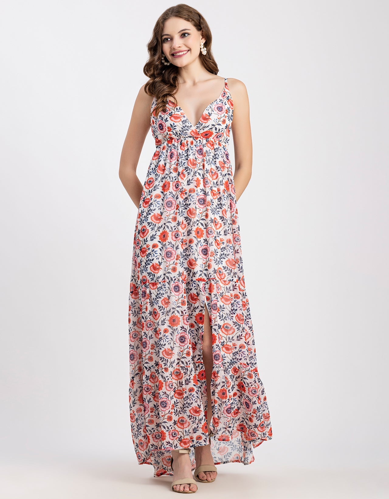 Sleeveless V Neck A-Line Printed Dress