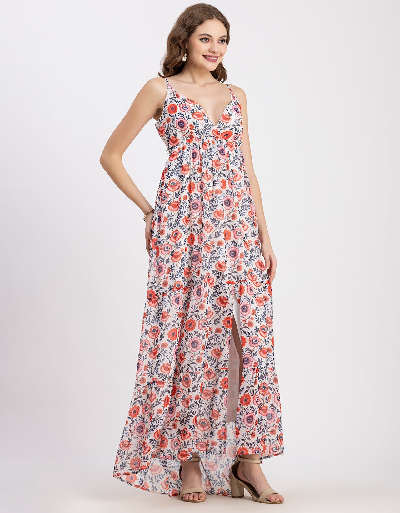 Sleeveless V Neck A-Line Printed Dress