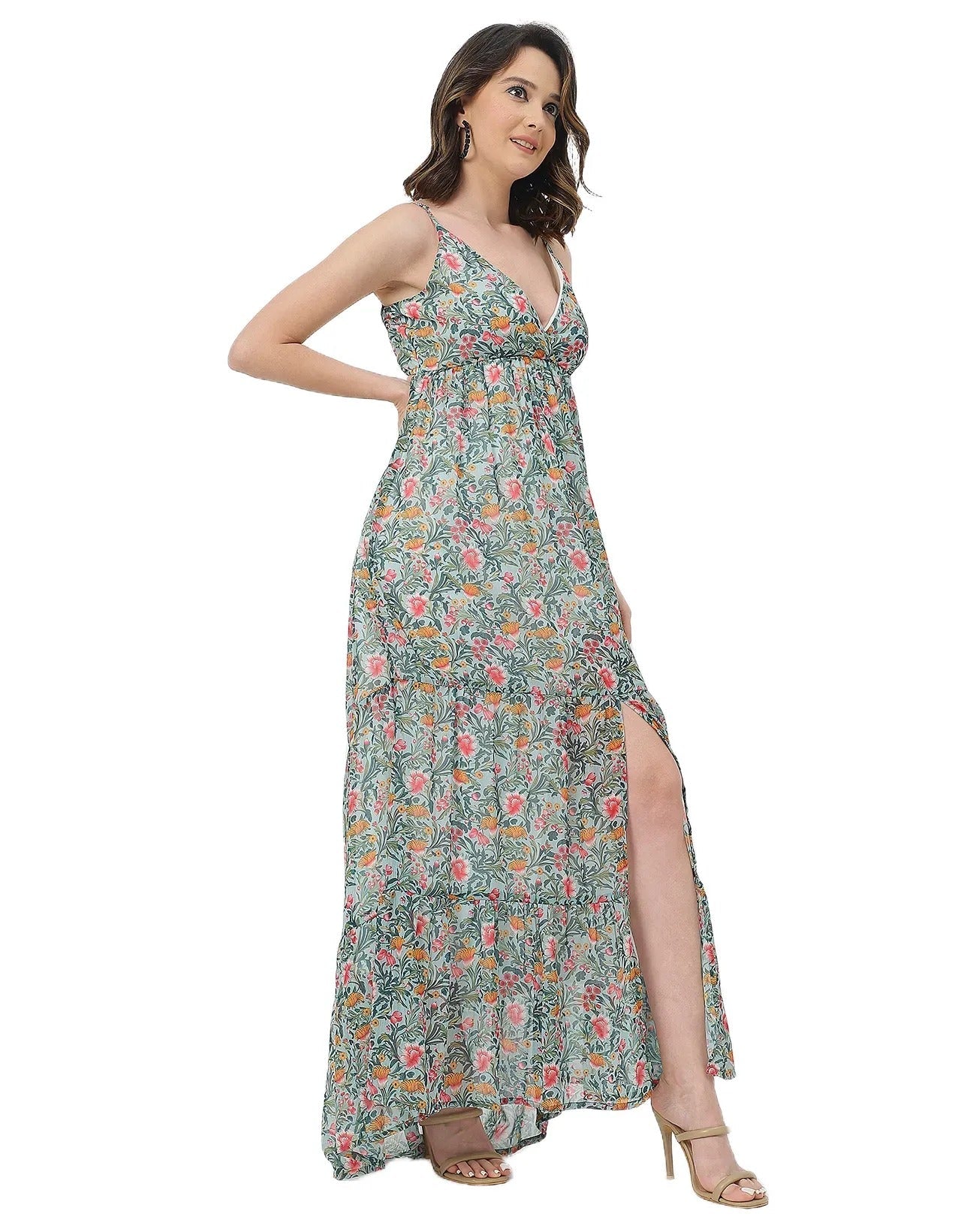 Sleeveless V Neck A-Line Printed Dress
