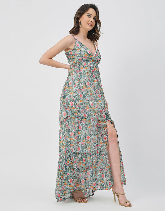 Sleeveless V Neck A-Line Printed Dress