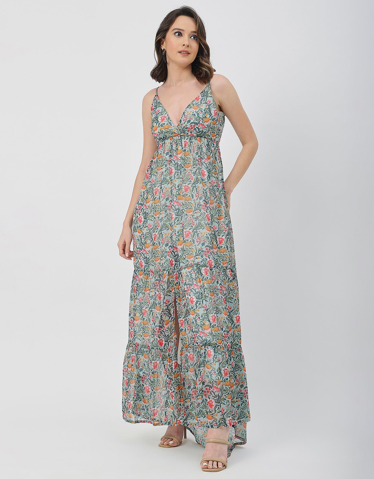 Sleeveless V Neck A-Line Printed Dress