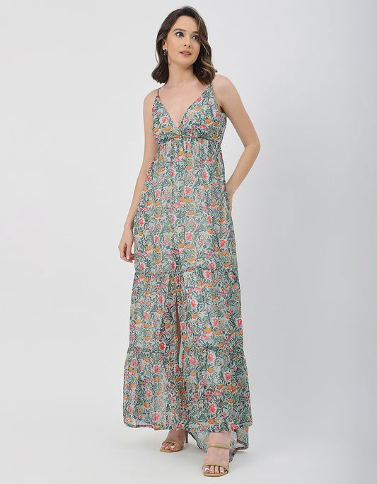 Sleeveless V Neck A-Line Printed Dress