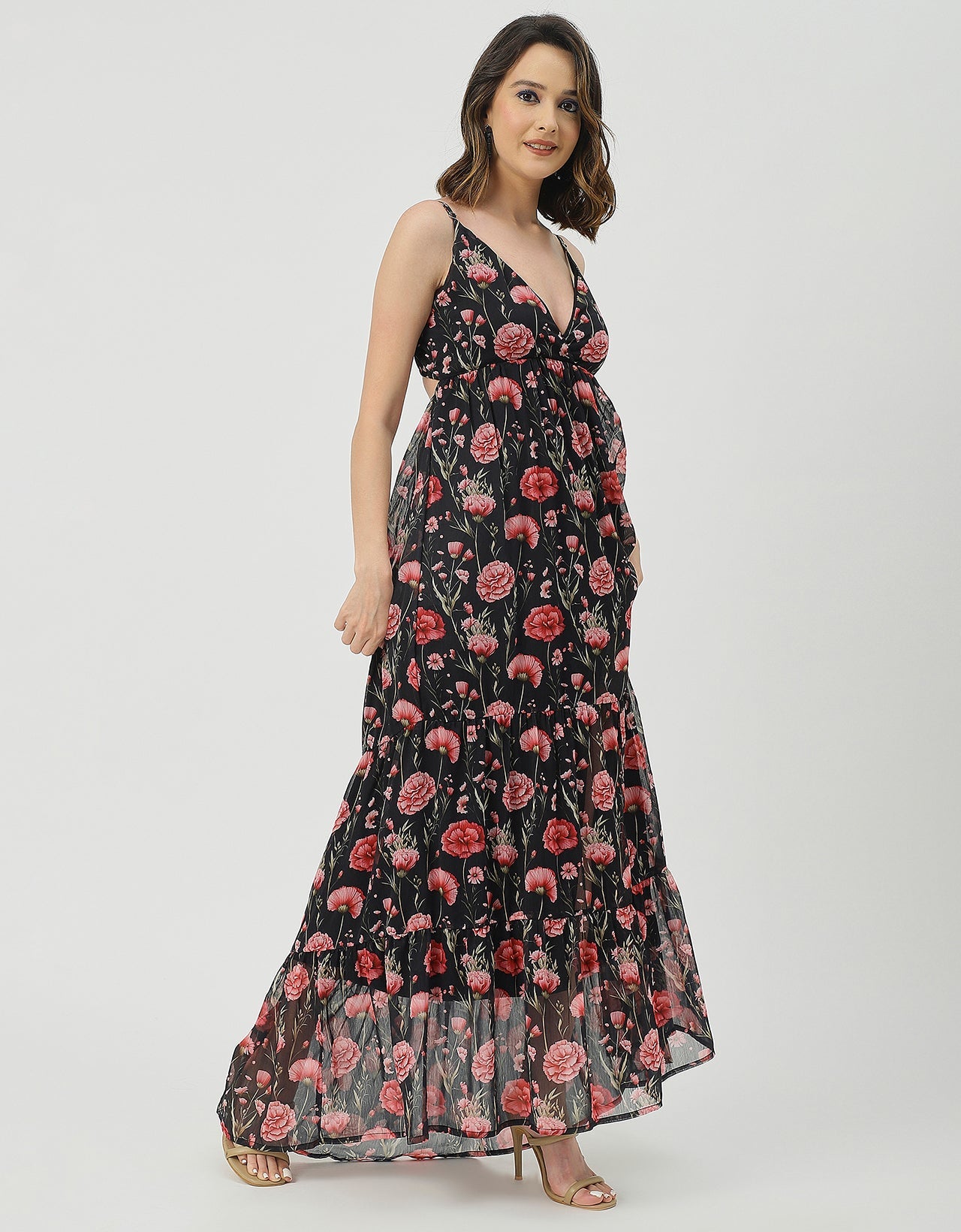 Sleeveless V Neck A-Line Printed Dress
