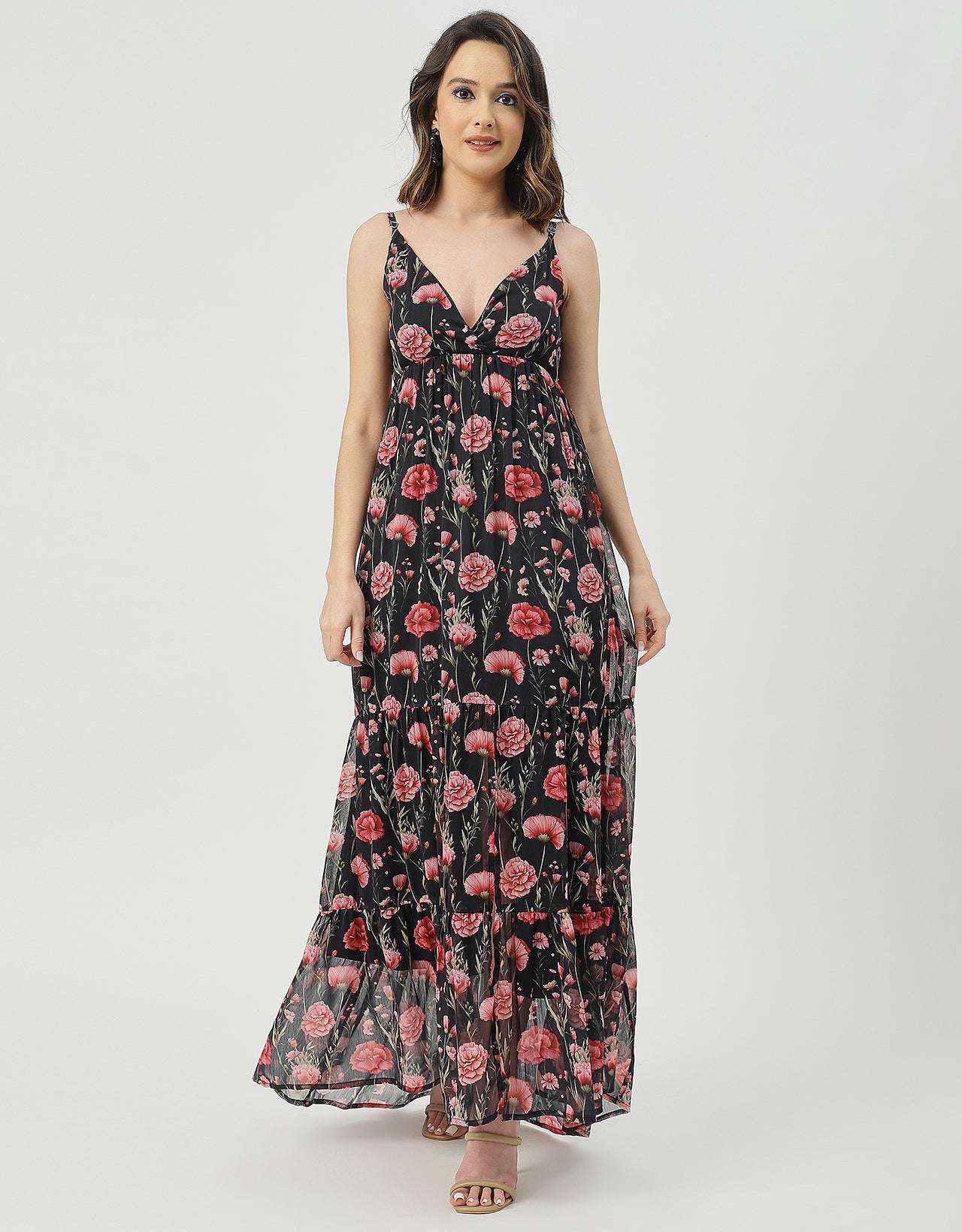 Sleeveless V Neck A-Line Printed Dress