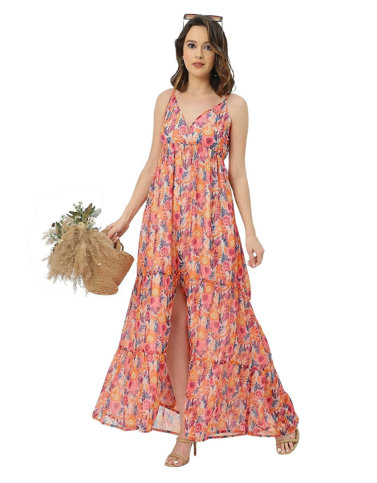 Sleeveless V Neck A-Line Printed Dress