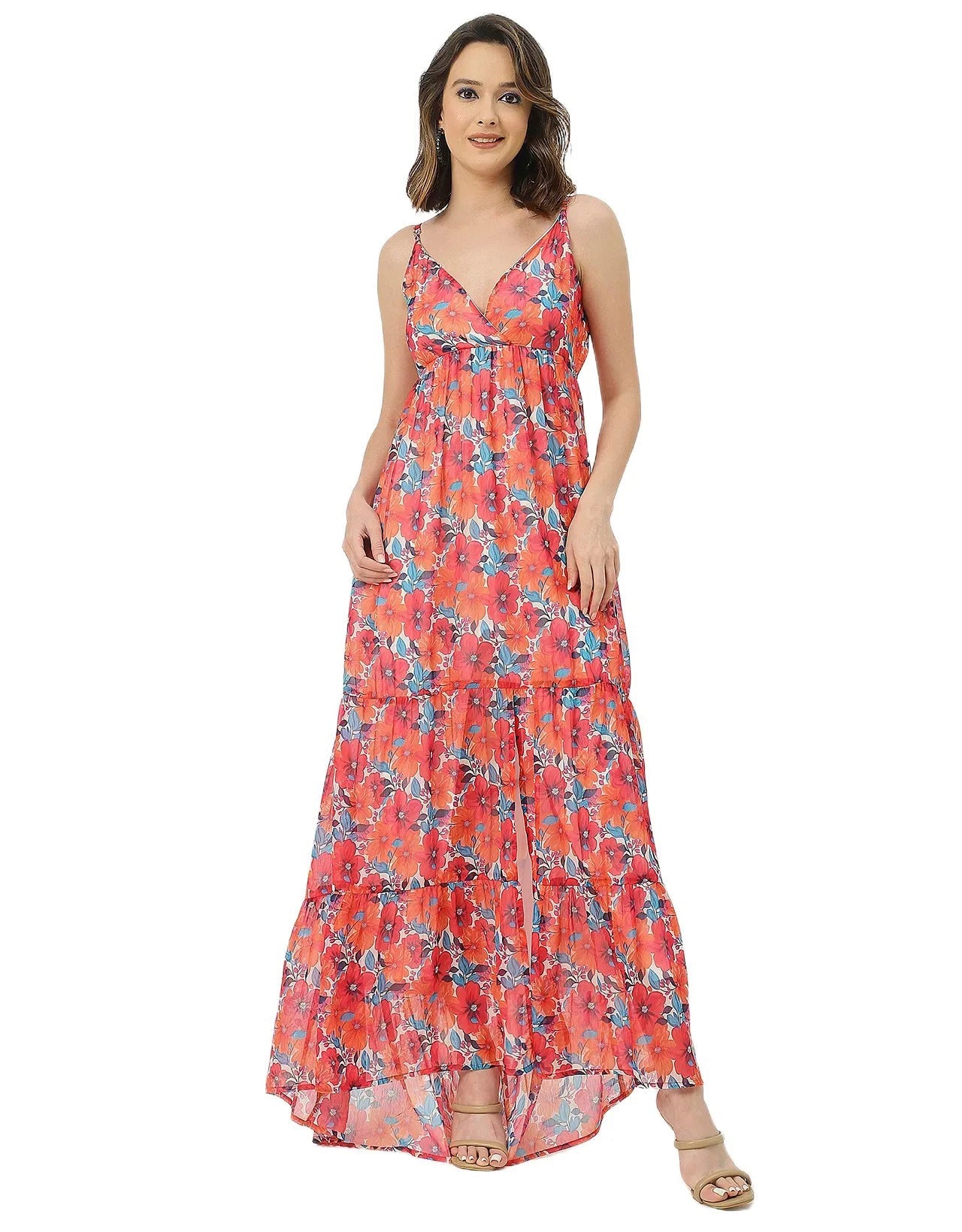 Sleeveless V Neck A-Line Printed Dress