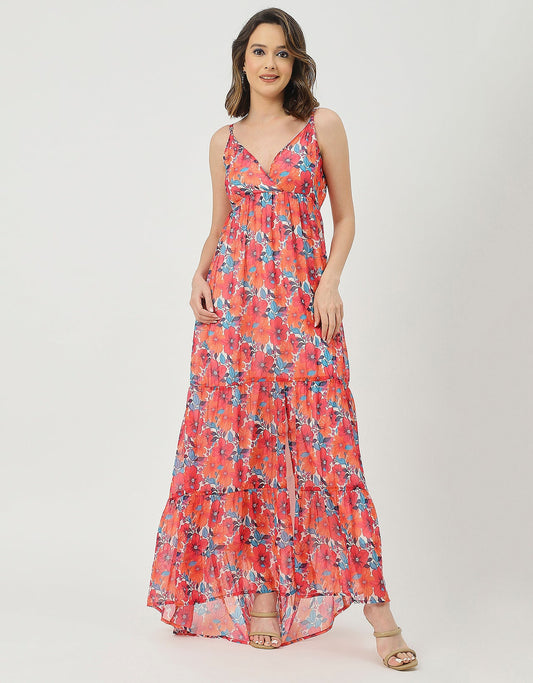 Sleeveless V Neck A-Line Printed Dress