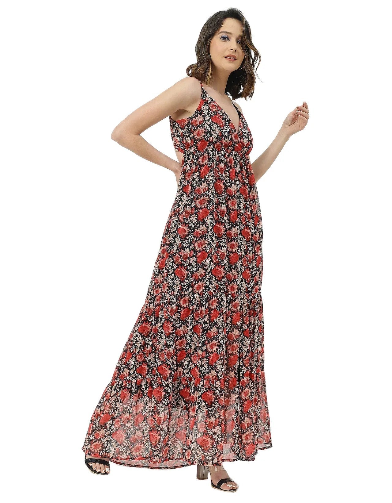 Sleeveless V Neck A-Line Printed Dress