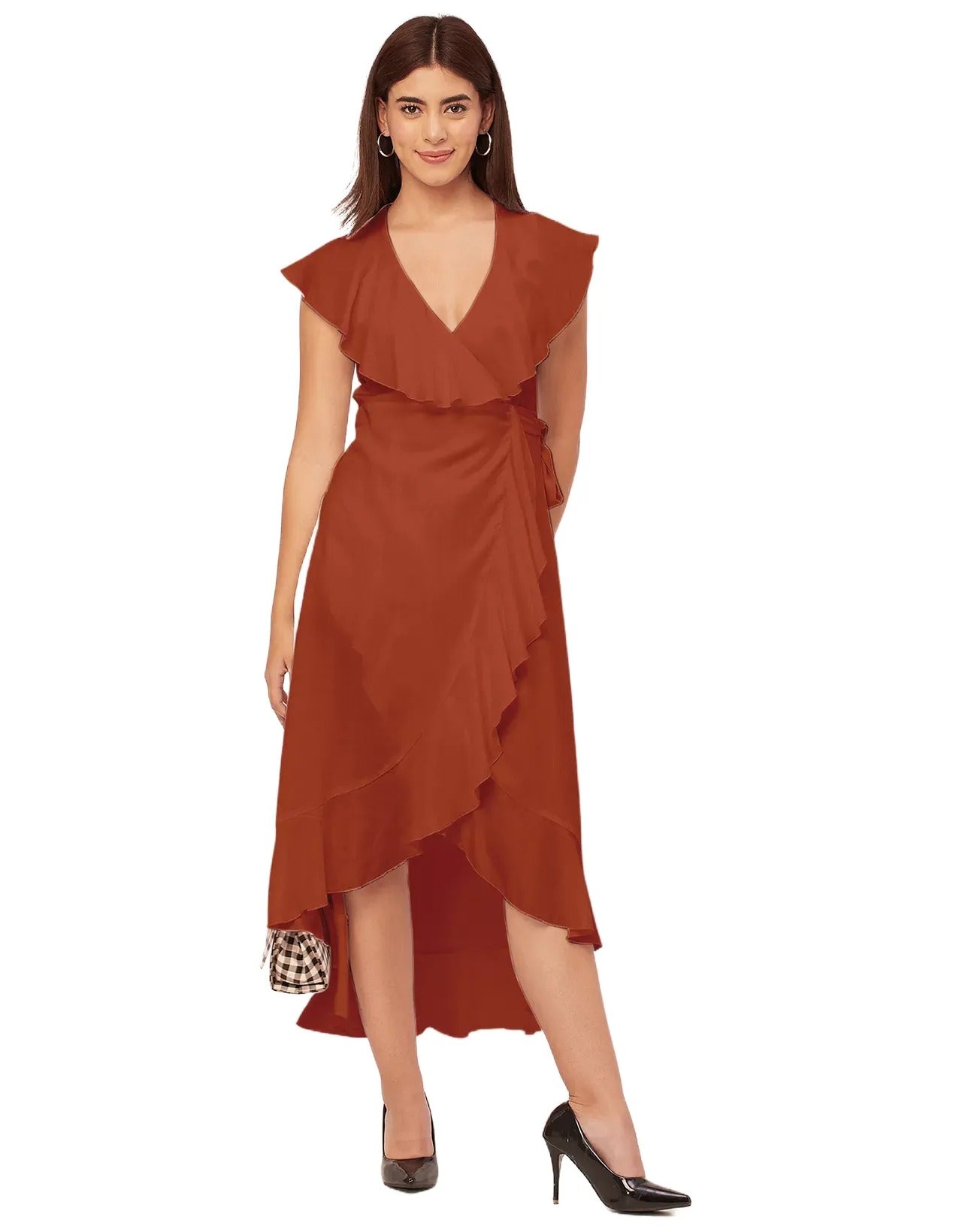 Sleeveless V Neck Wrap Solid Rayon Dress
