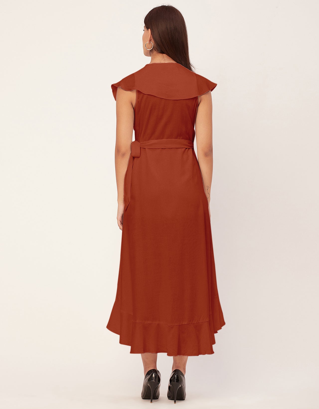 Sleeveless V Neck Wrap Solid Rayon Dress