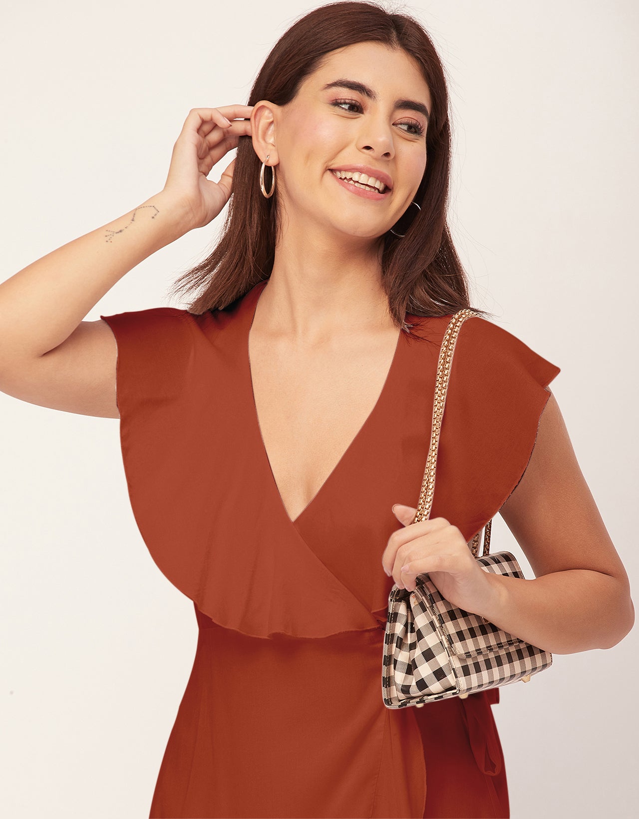 Sleeveless V Neck Wrap Solid Rayon Dress