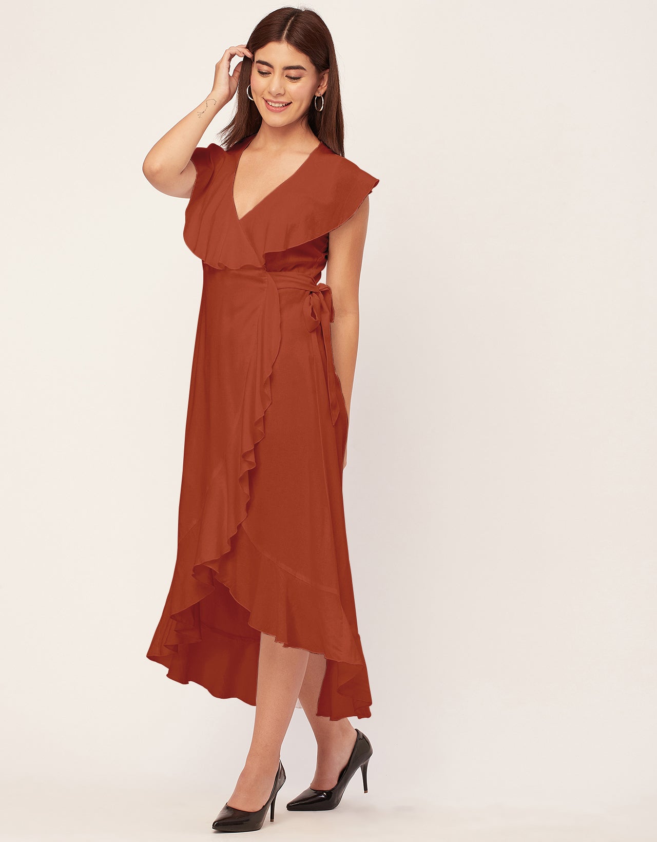 Sleeveless V Neck Wrap Solid Rayon Dress