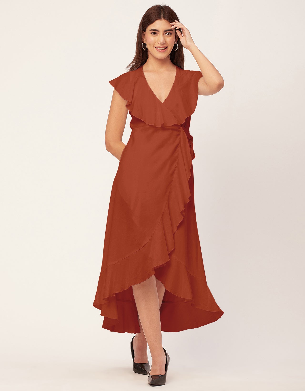 Sleeveless V Neck Wrap Solid Rayon Dress