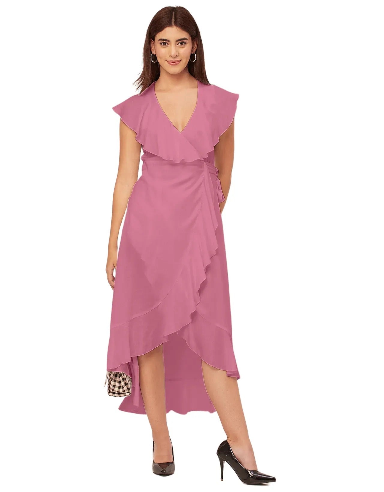 Sleeveless V Neck Wrap Solid Rayon Dress