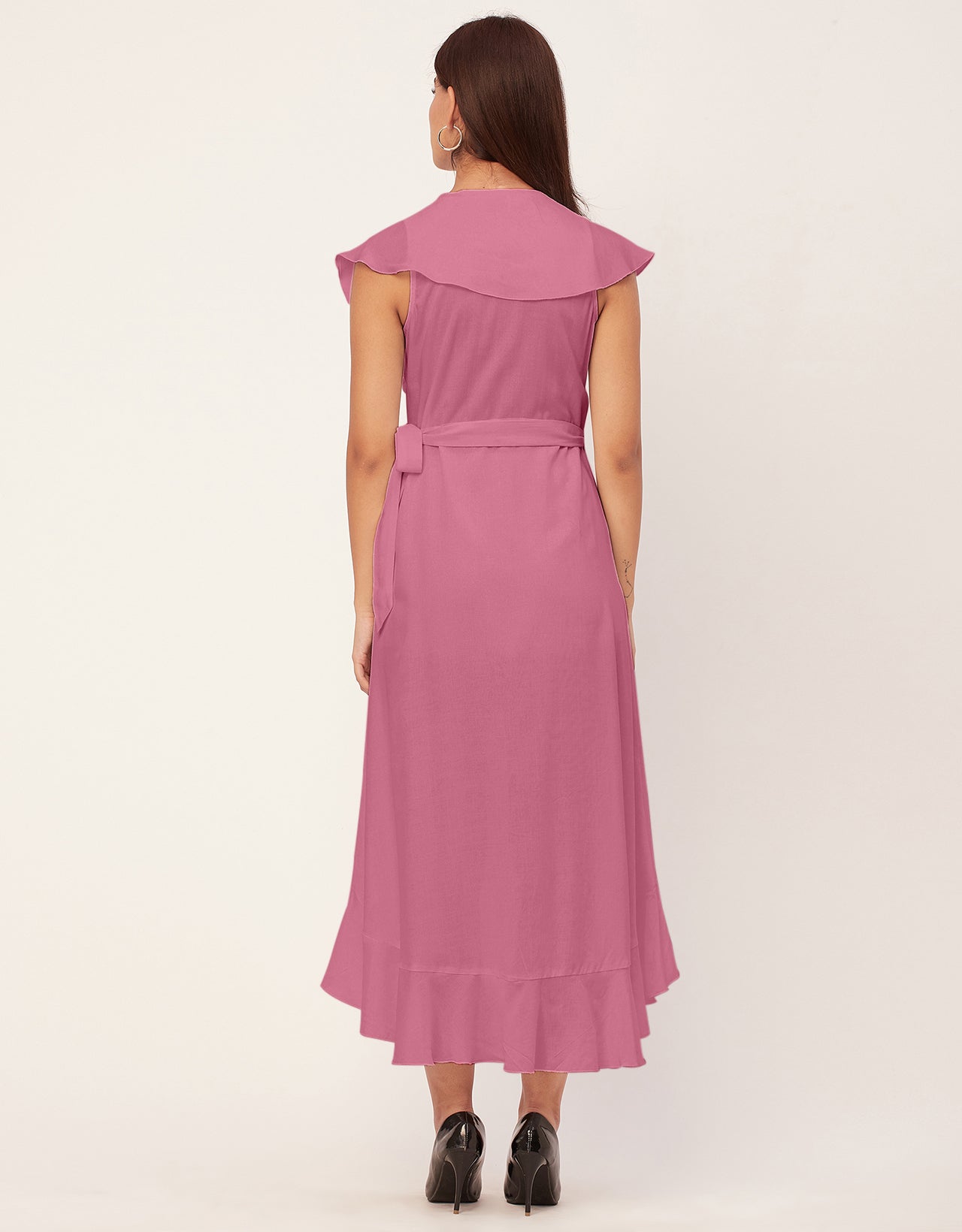 Sleeveless V Neck Wrap Solid Rayon Dress