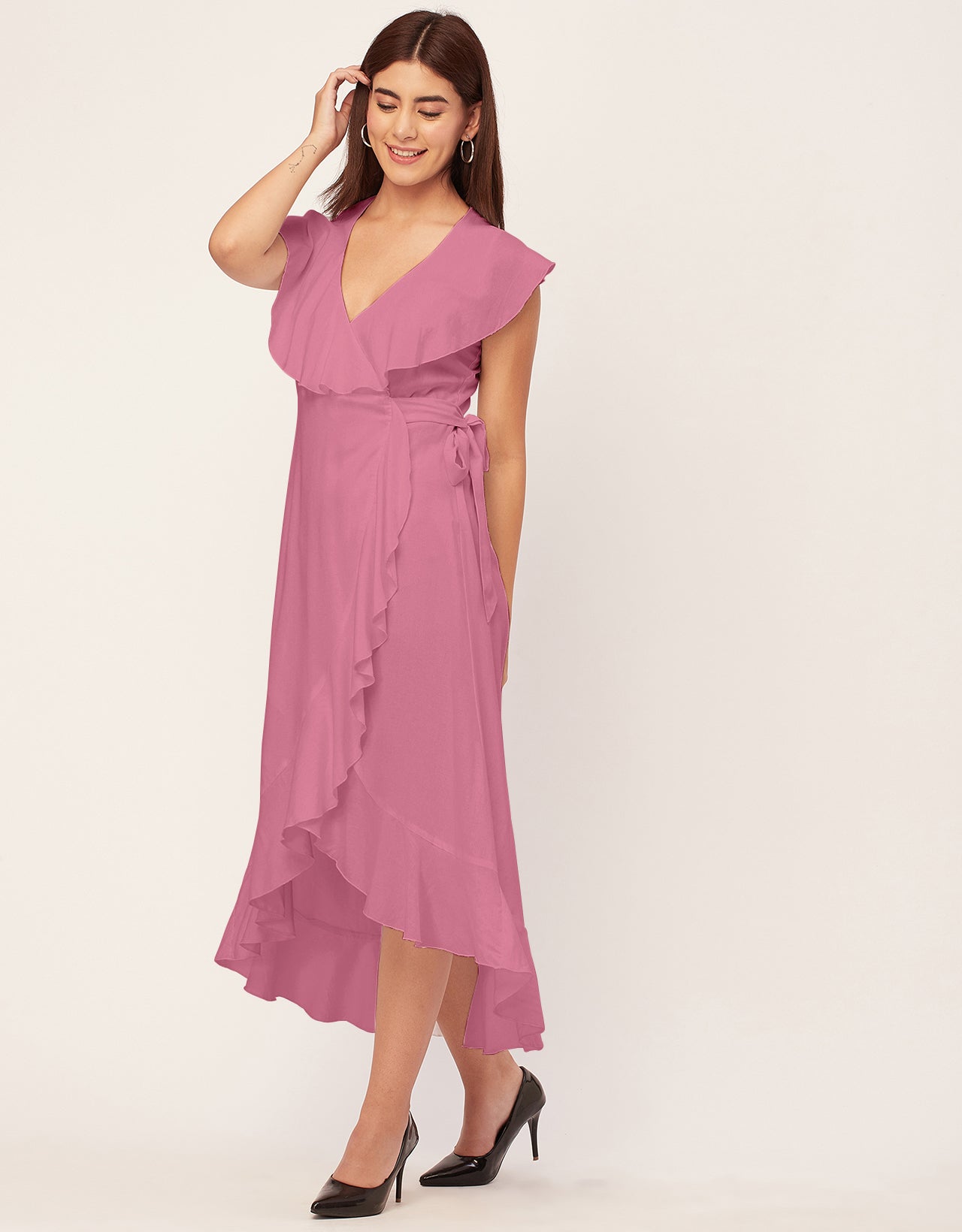 Sleeveless V Neck Wrap Solid Rayon Dress