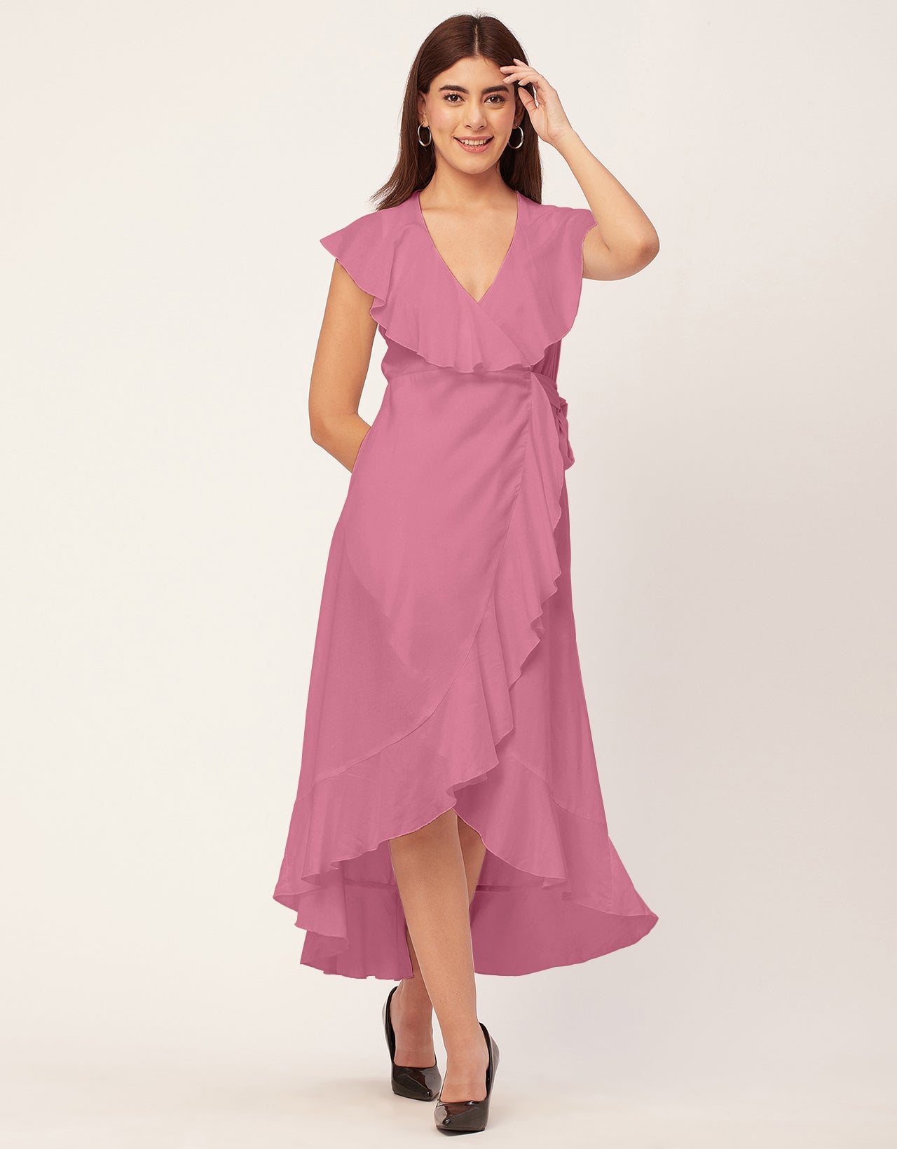 Sleeveless V Neck Wrap Solid Rayon Dress
