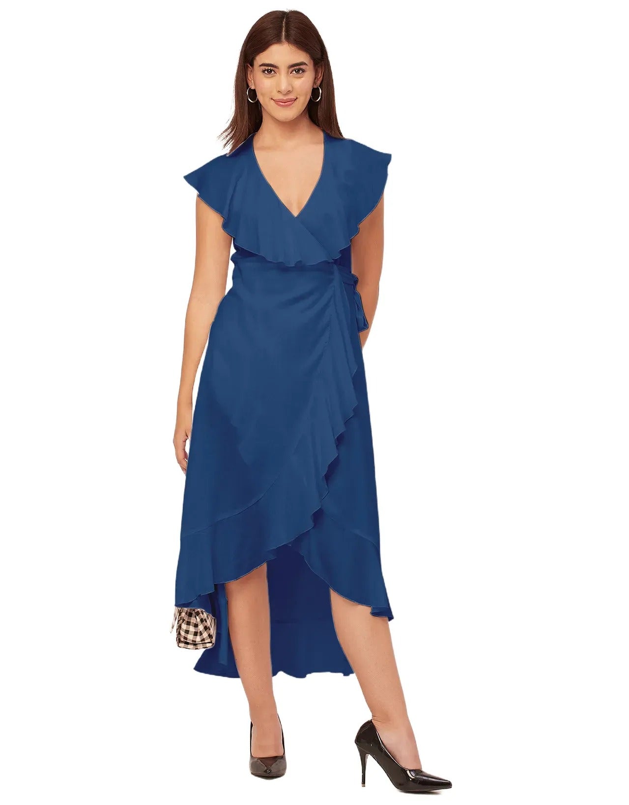 Sleeveless V Neck Wrap Solid Rayon Dress