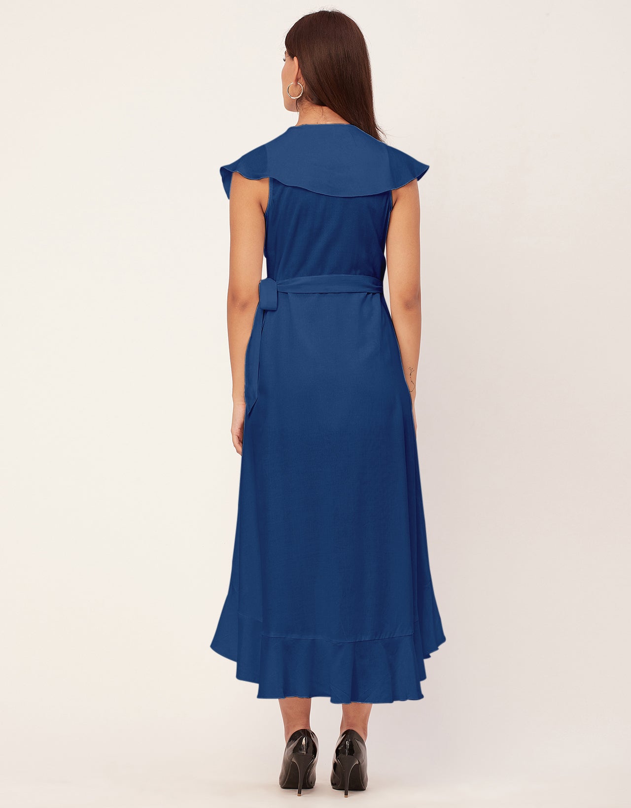 Sleeveless V Neck Wrap Solid Rayon Dress