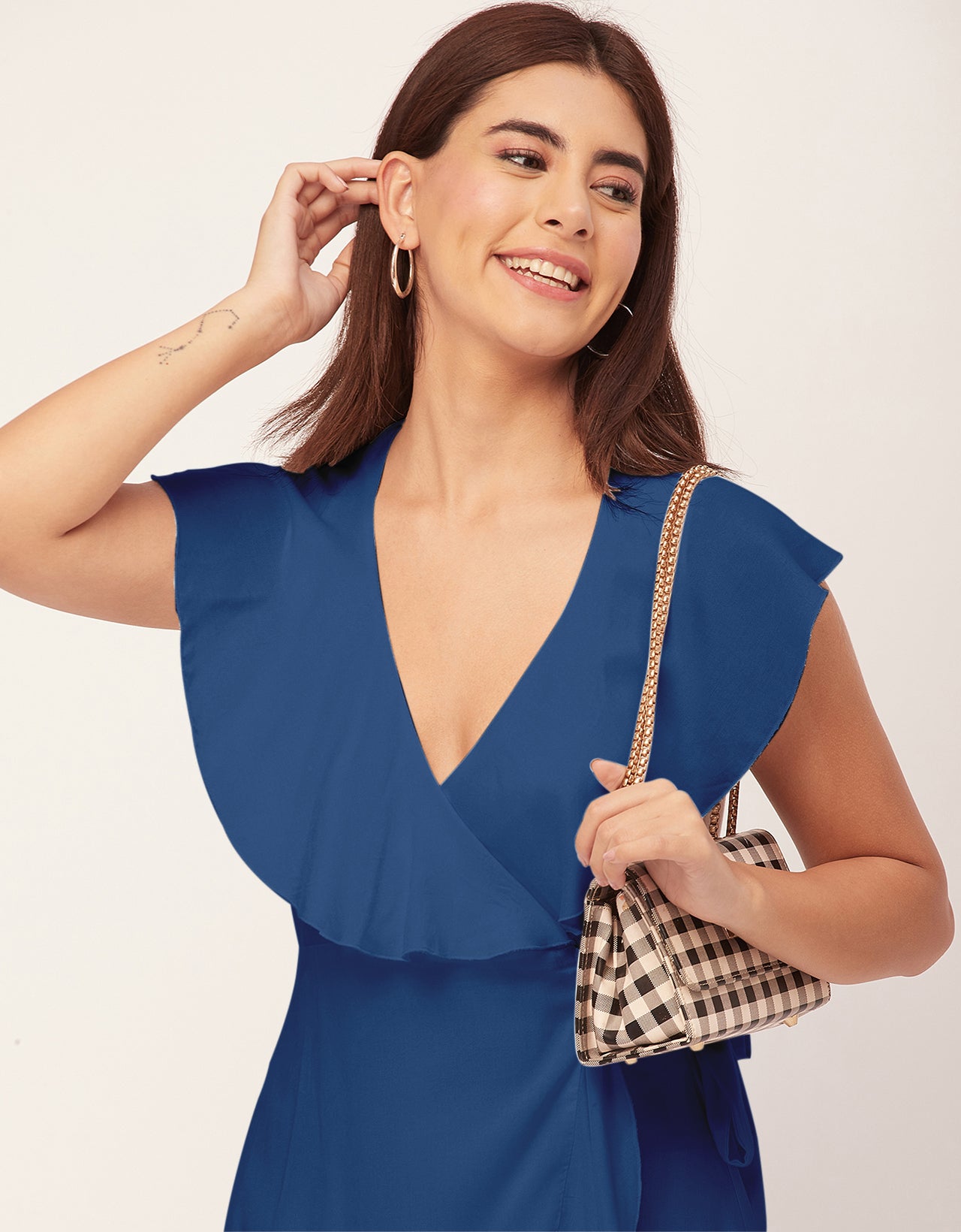 Sleeveless V Neck Wrap Solid Rayon Dress