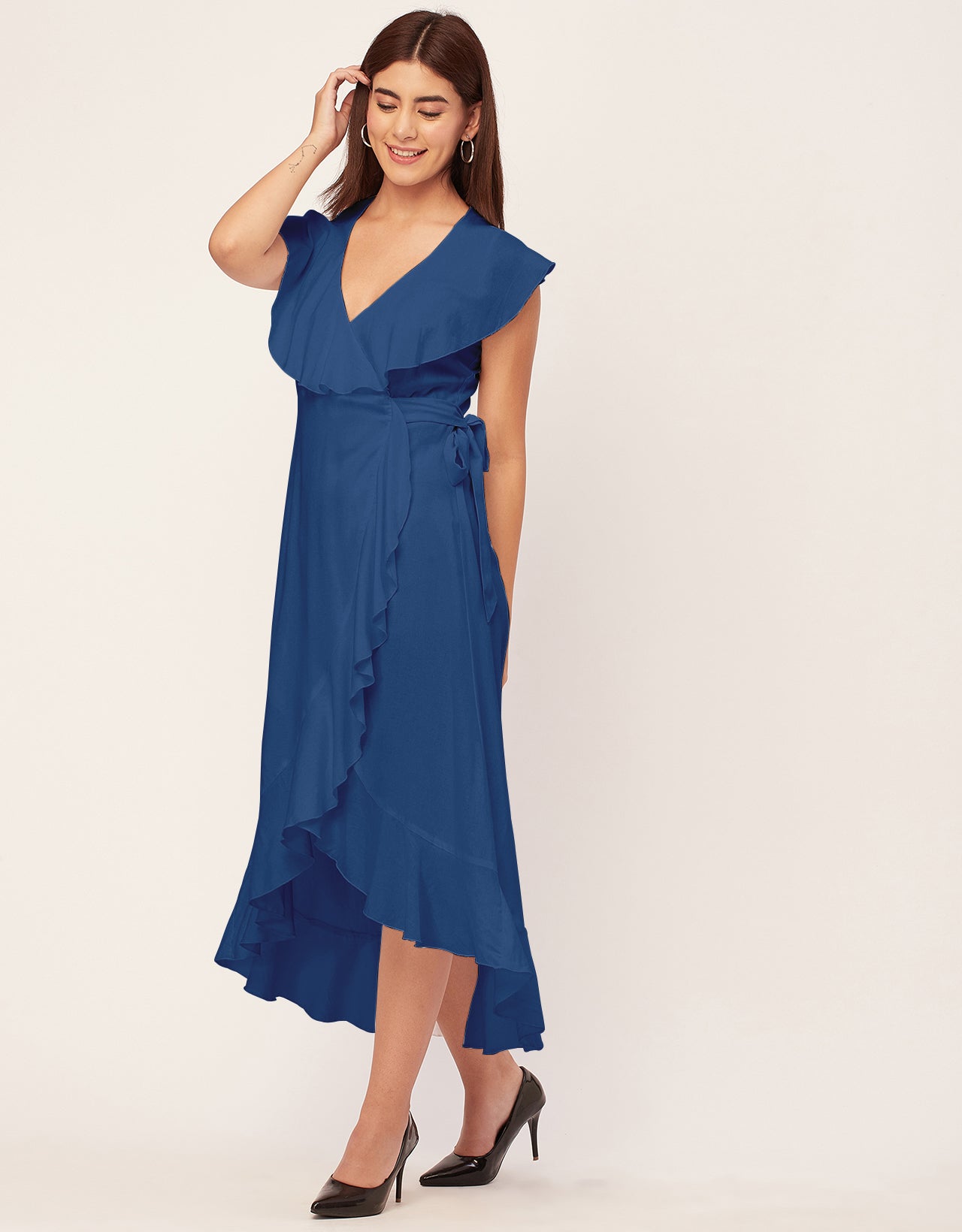 Sleeveless V Neck Wrap Solid Rayon Dress