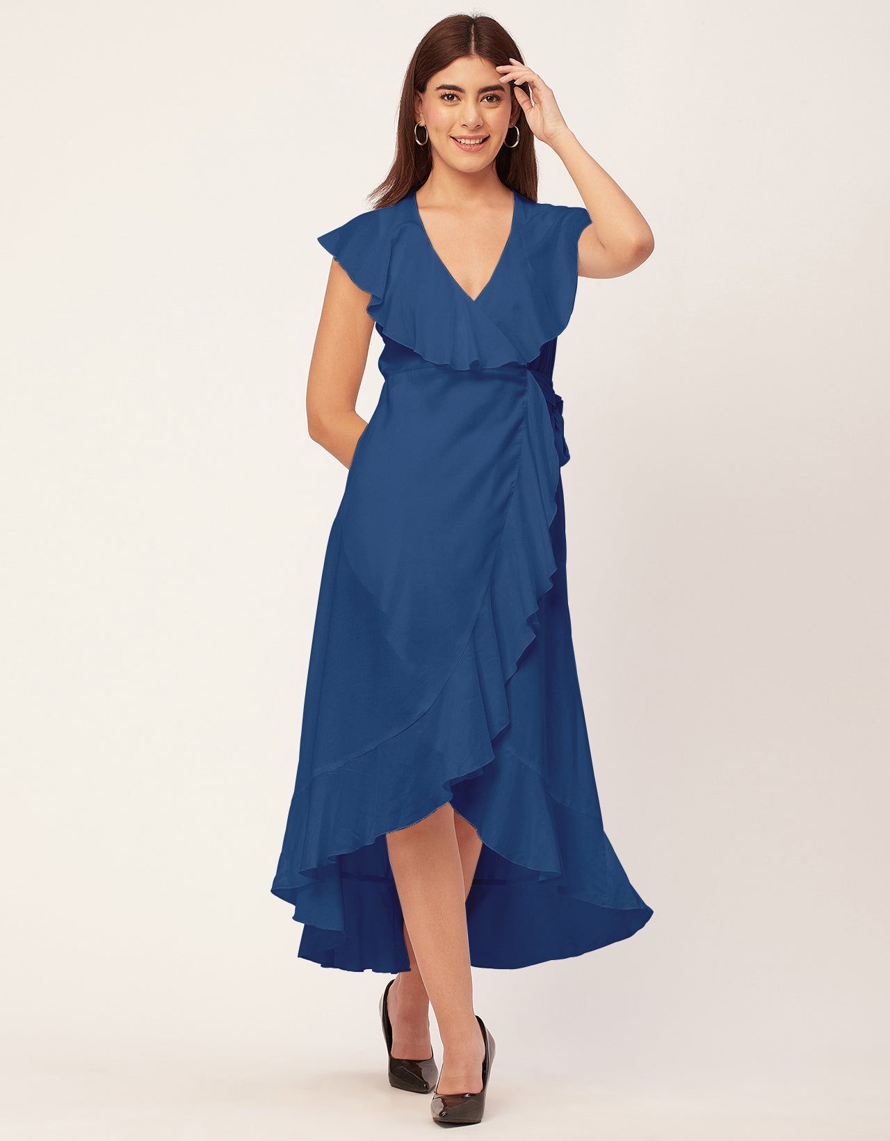 Sleeveless V Neck Wrap Solid Rayon Dress