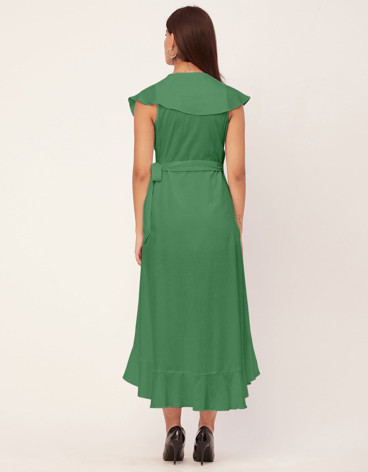 Sleeveless V Neck Wrap Solid Rayon Dress