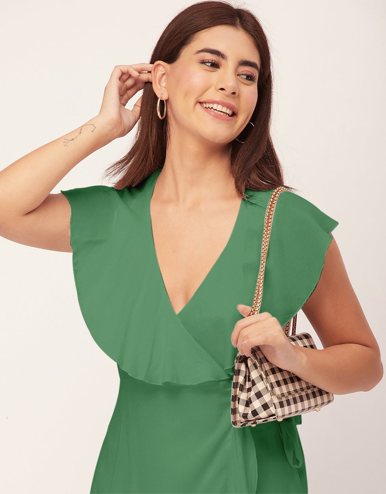 Sleeveless V Neck Wrap Solid Rayon Dress