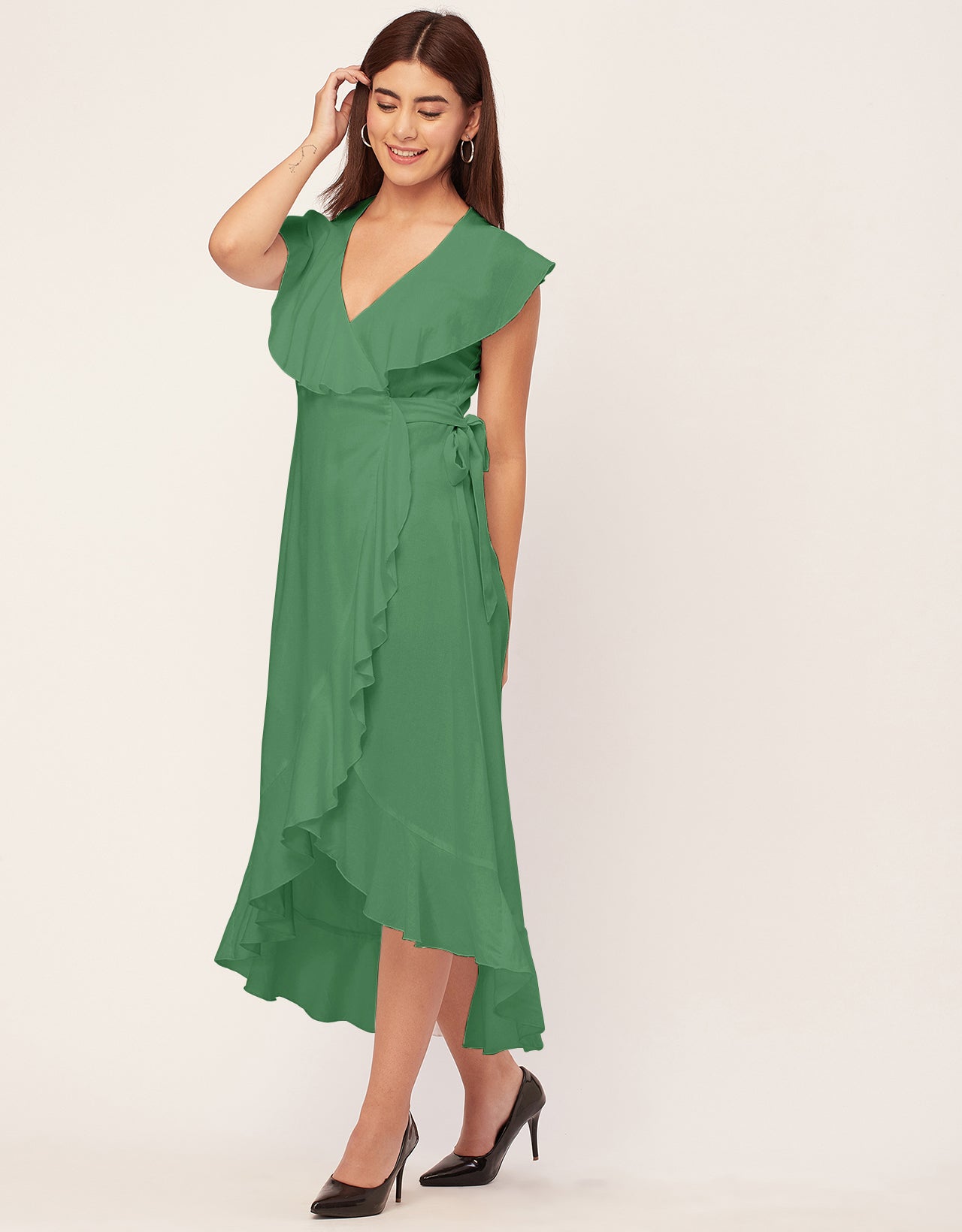 Sleeveless V Neck Wrap Solid Rayon Dress
