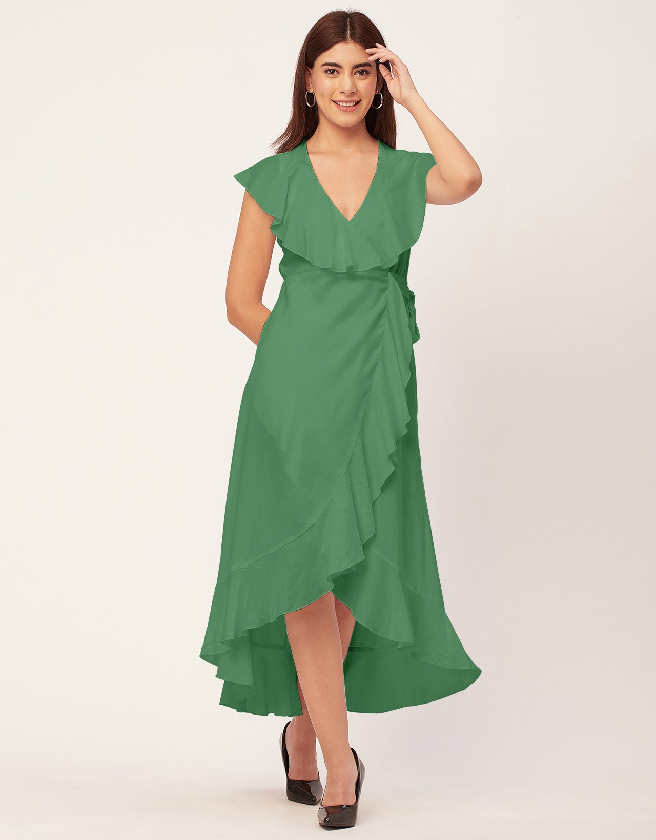 Sleeveless V Neck Wrap Solid Rayon Dress