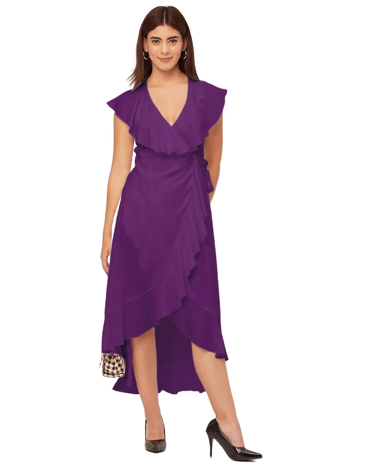 Sleeveless V Neck Wrap Solid Rayon Dress