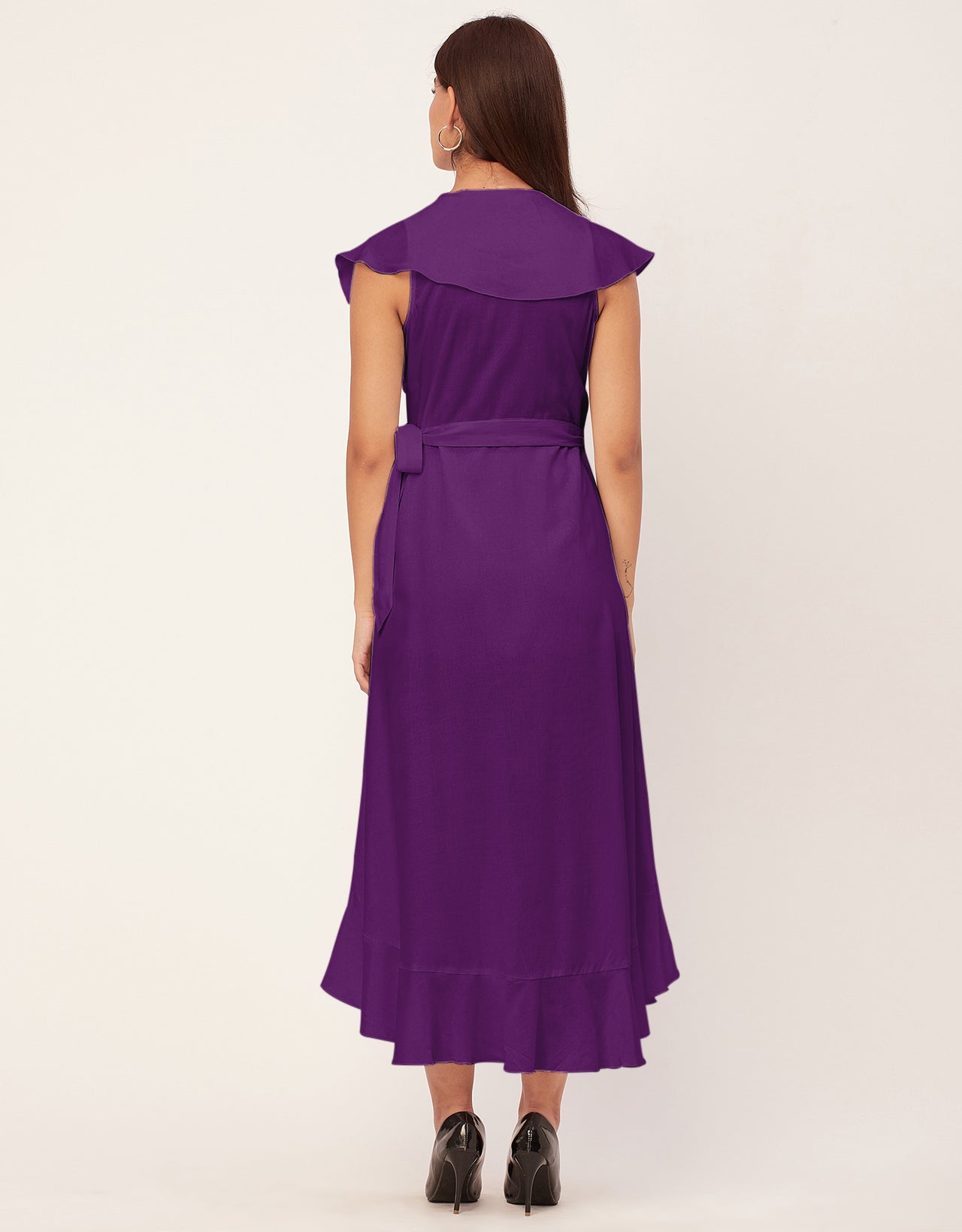 Sleeveless V Neck Wrap Solid Rayon Dress