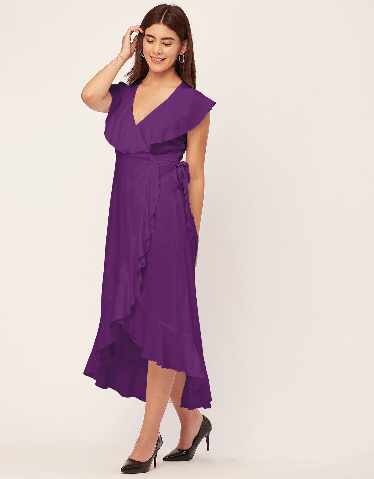 Sleeveless V Neck Wrap Solid Rayon Dress