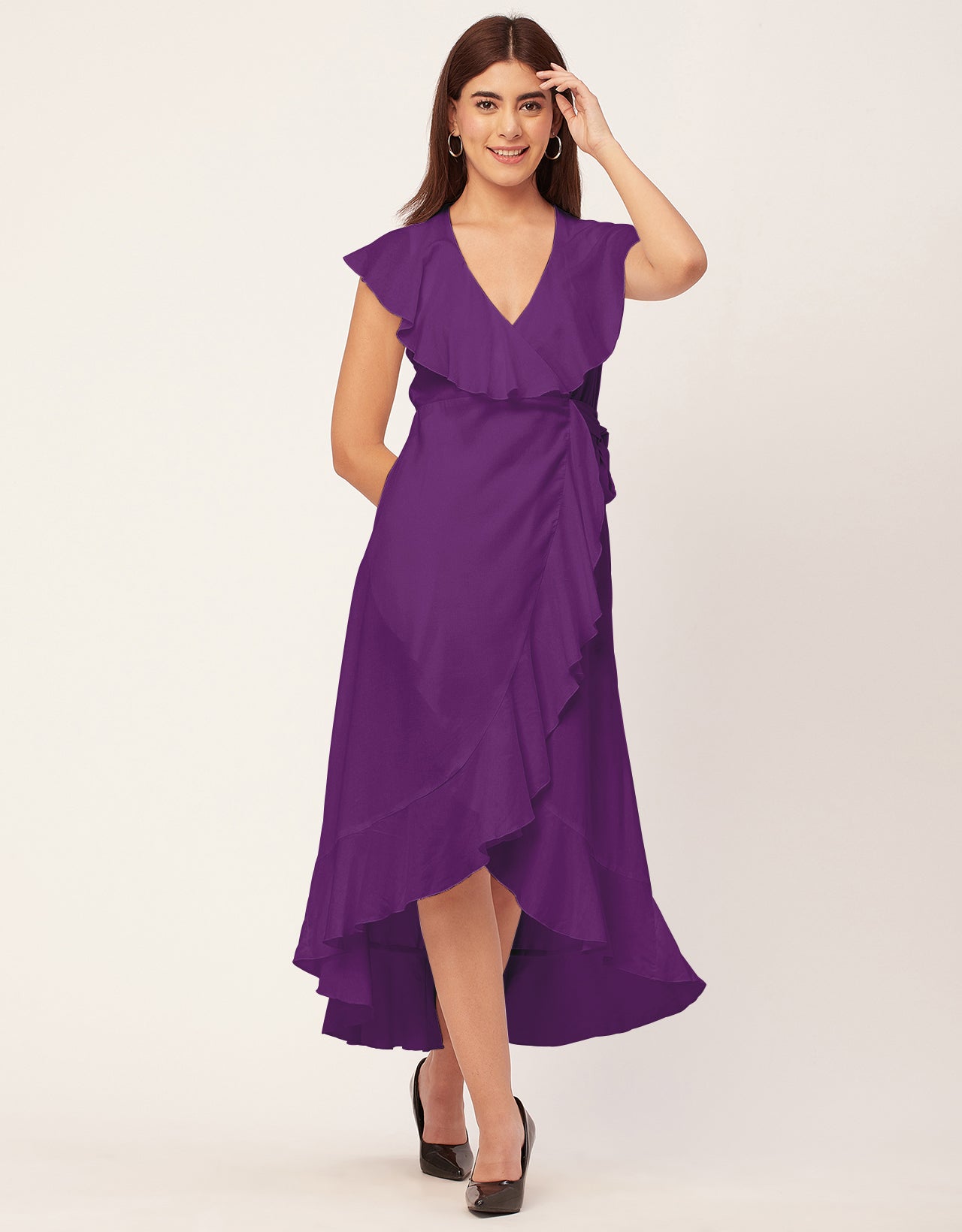Sleeveless V Neck Wrap Solid Rayon Dress