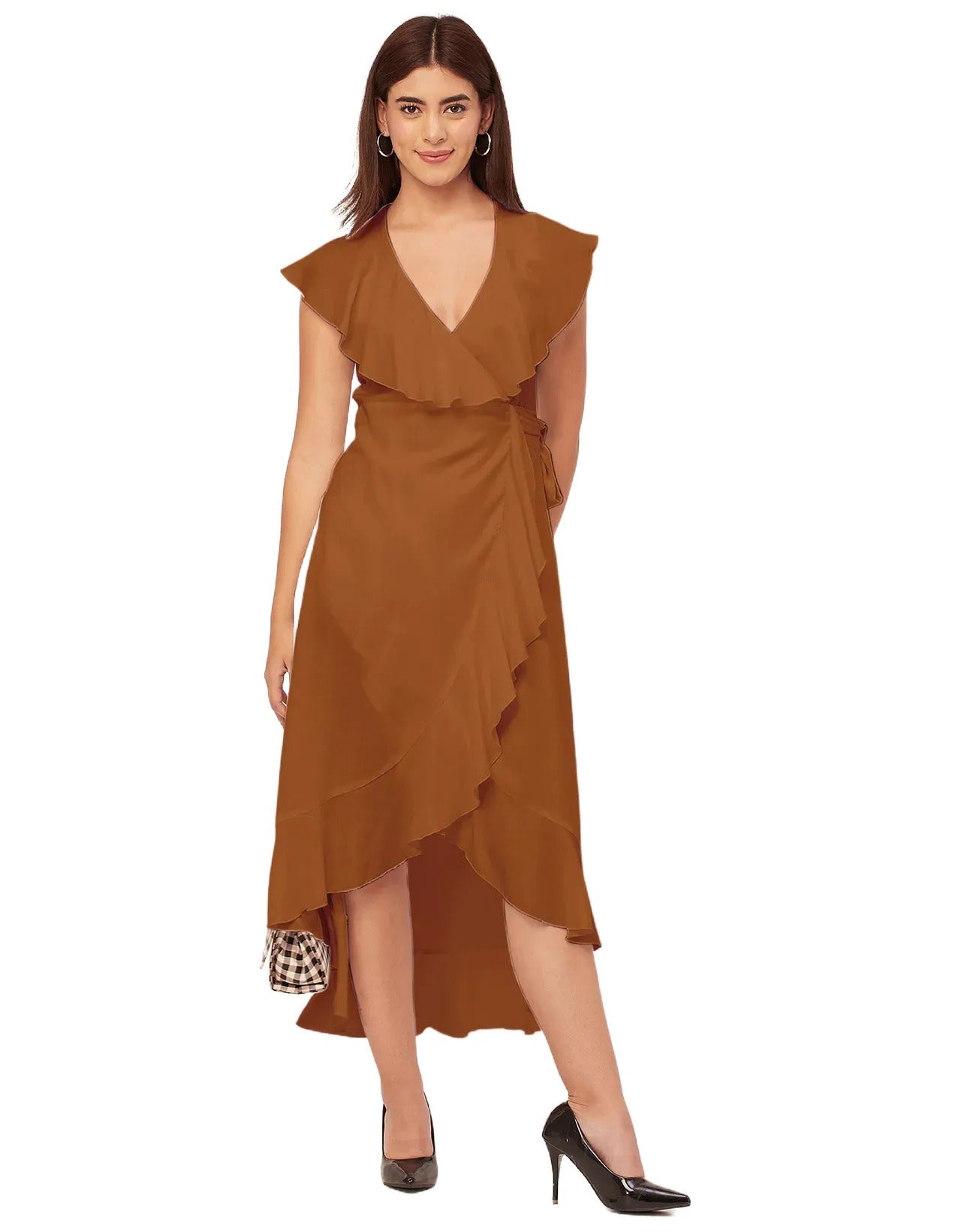 Sleeveless V Neck Wrap Solid Rayon Dress