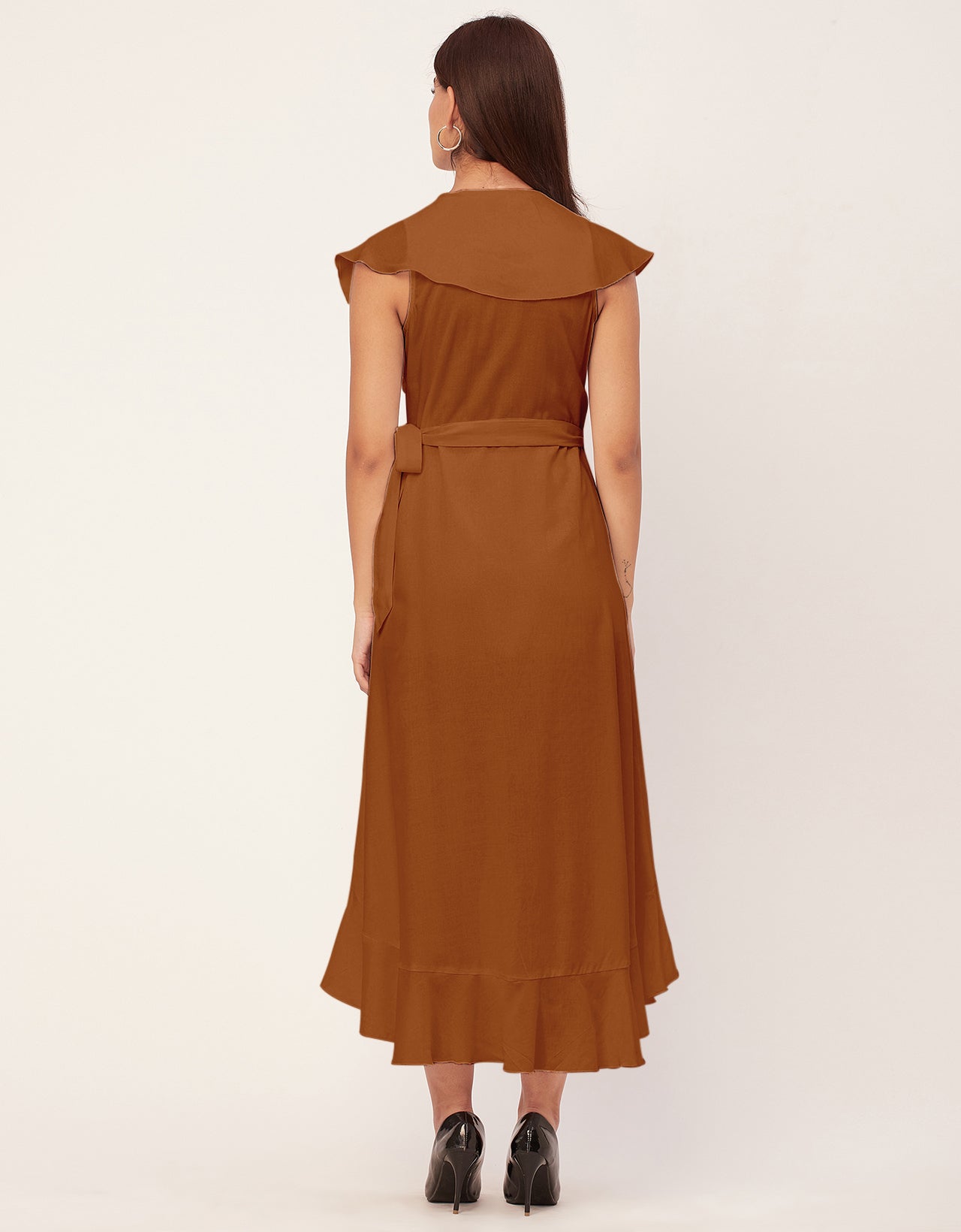 Sleeveless V Neck Wrap Solid Rayon Dress
