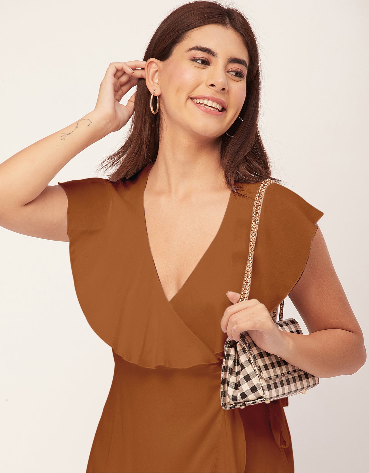 Sleeveless V Neck Wrap Solid Rayon Dress