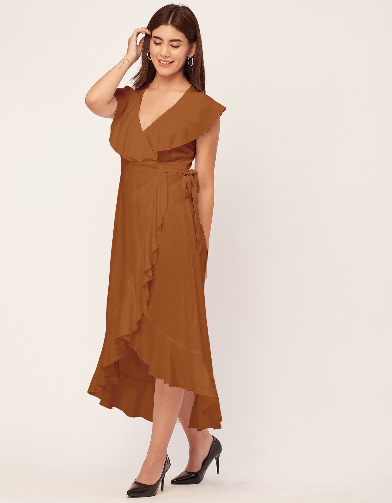 Sleeveless V Neck Wrap Solid Rayon Dress