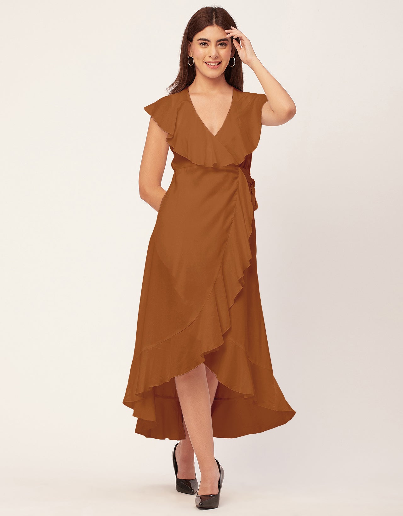 Sleeveless V Neck Wrap Solid Rayon Dress