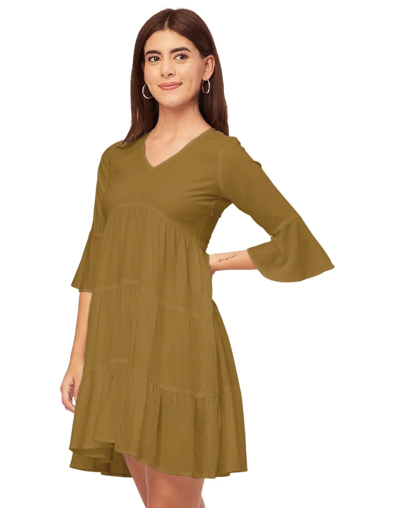 Women Trendy V Neck Solid Rayon Dress