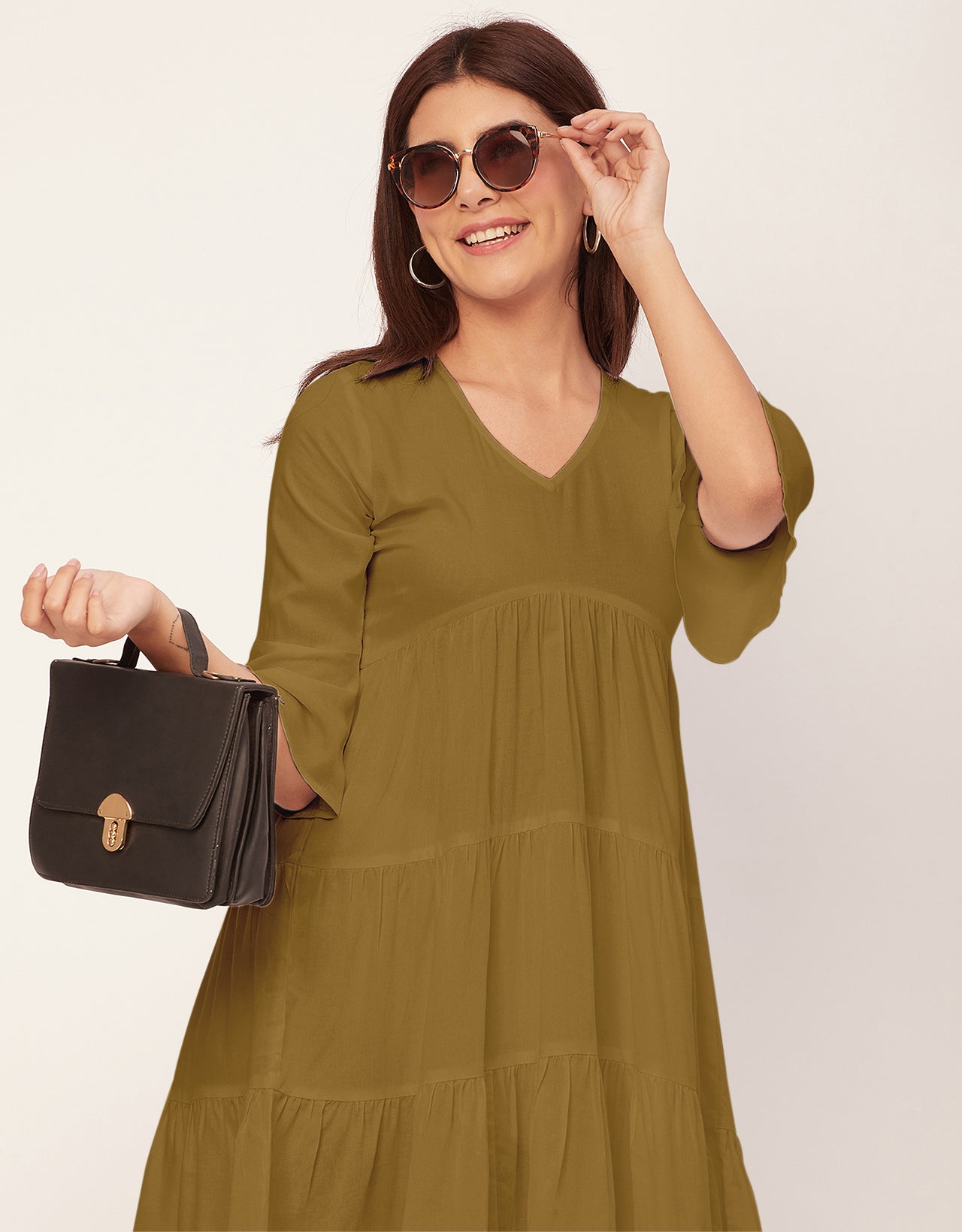 Women Trendy V Neck Solid Rayon Dress