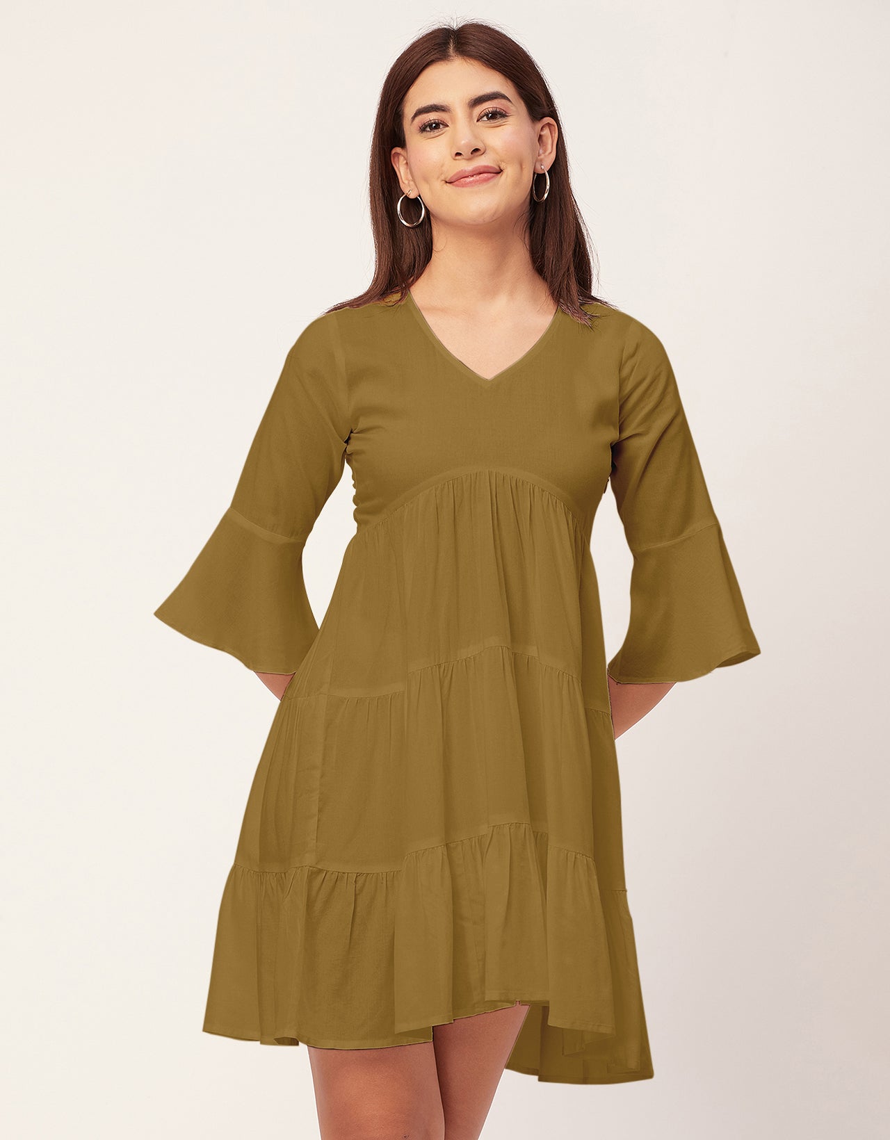 Women Trendy V Neck Solid Rayon Dress