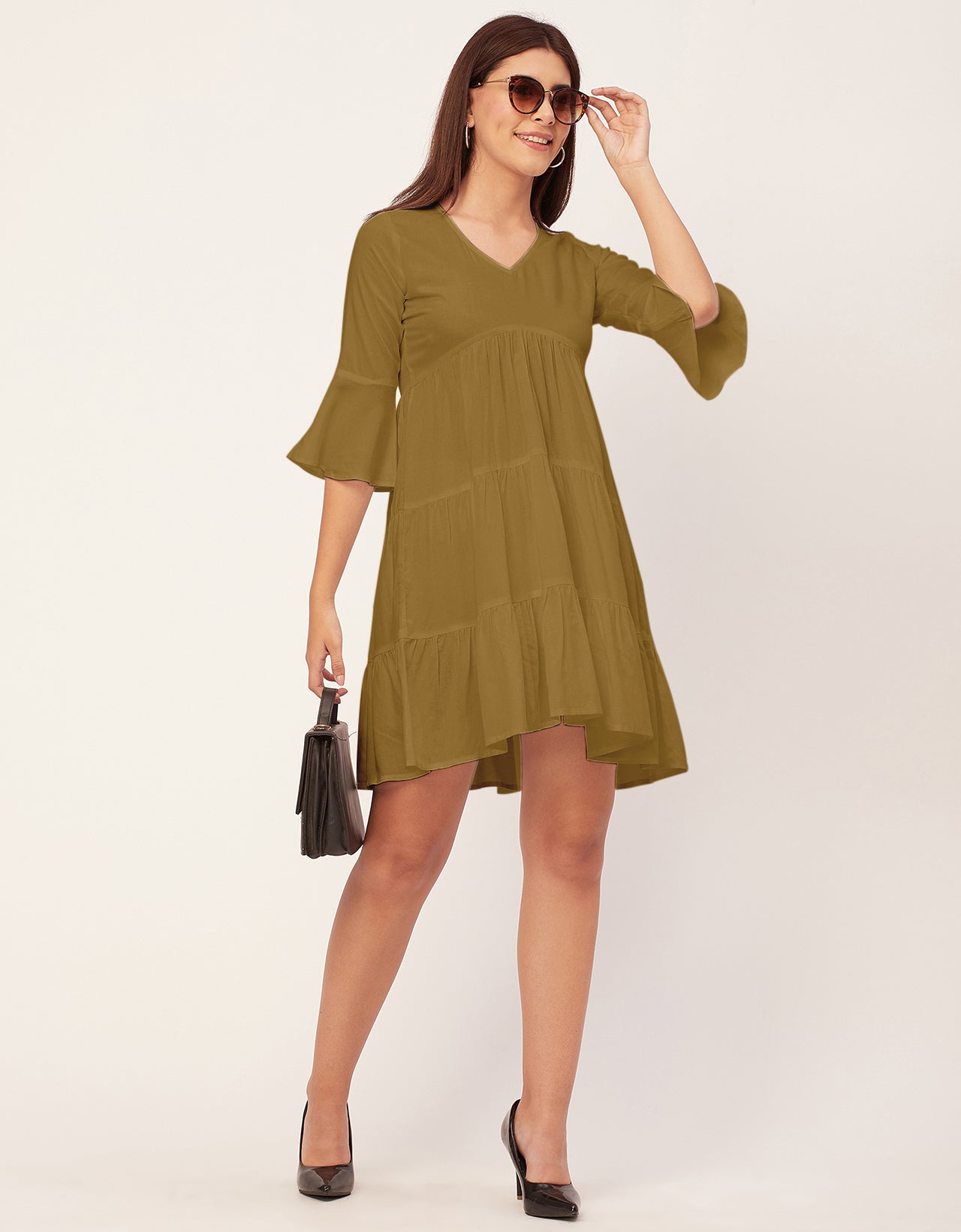 Women Trendy V Neck Solid Rayon Dress