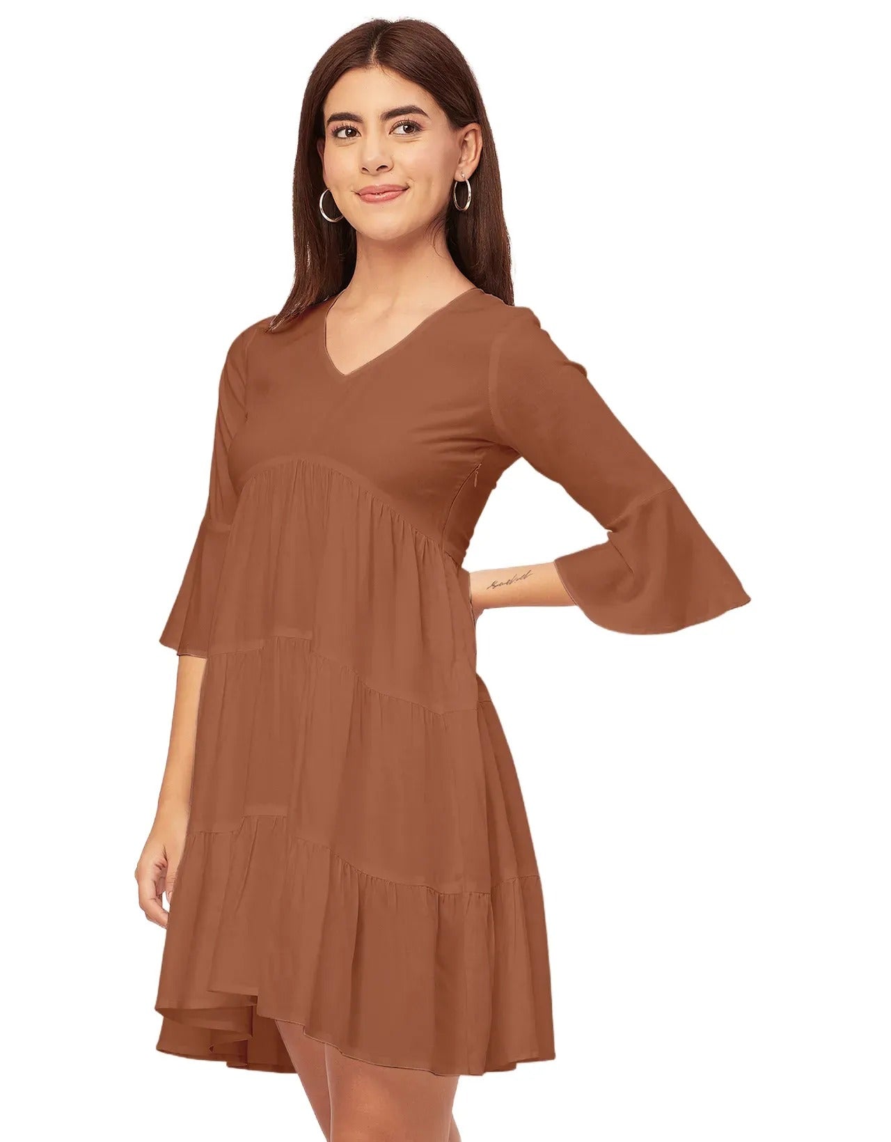 Women Trendy V Neck Solid Rayon Dress