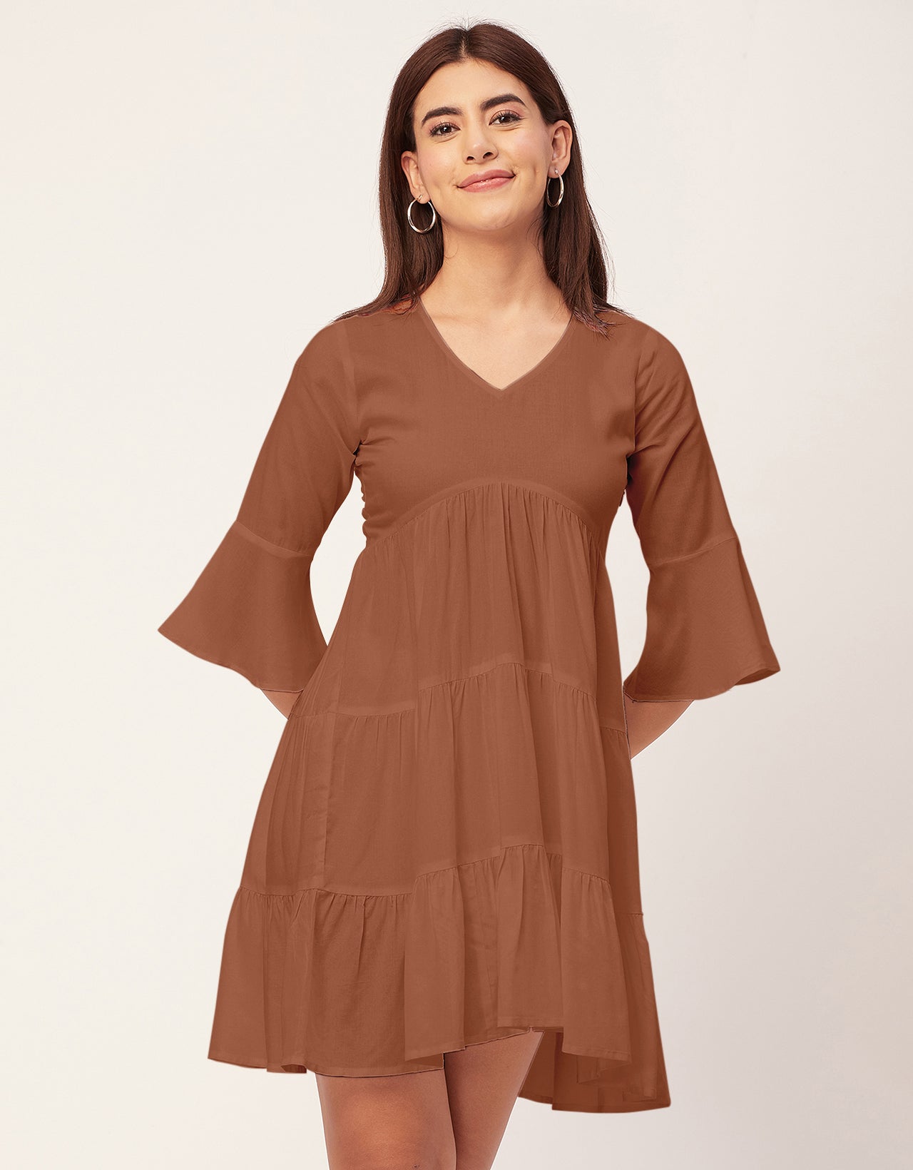 Women Trendy V Neck Solid Rayon Dress