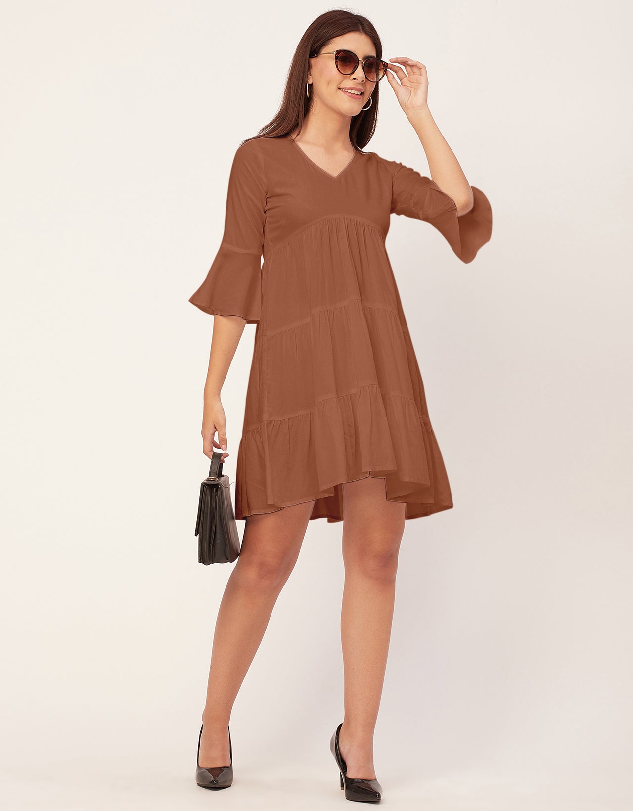 Women Trendy V Neck Solid Rayon Dress