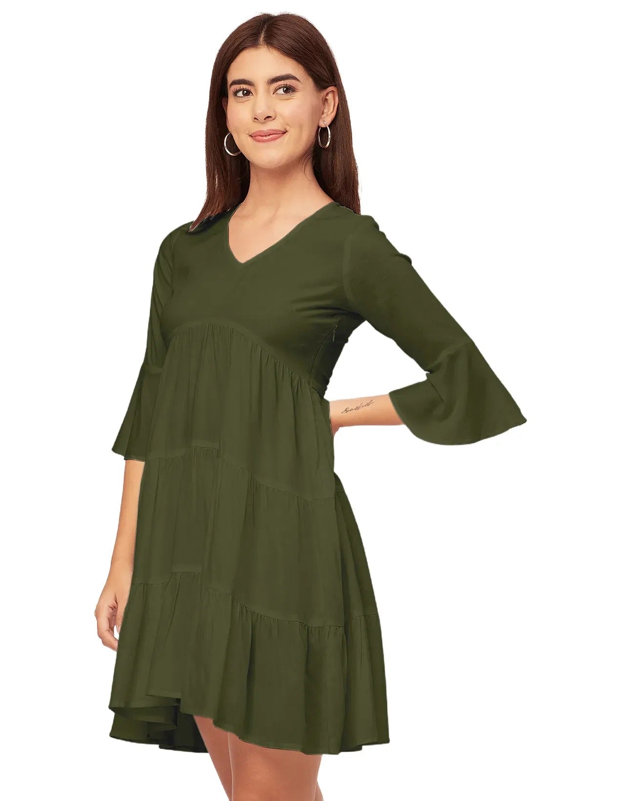 Women Trendy V Neck Solid Rayon Dress