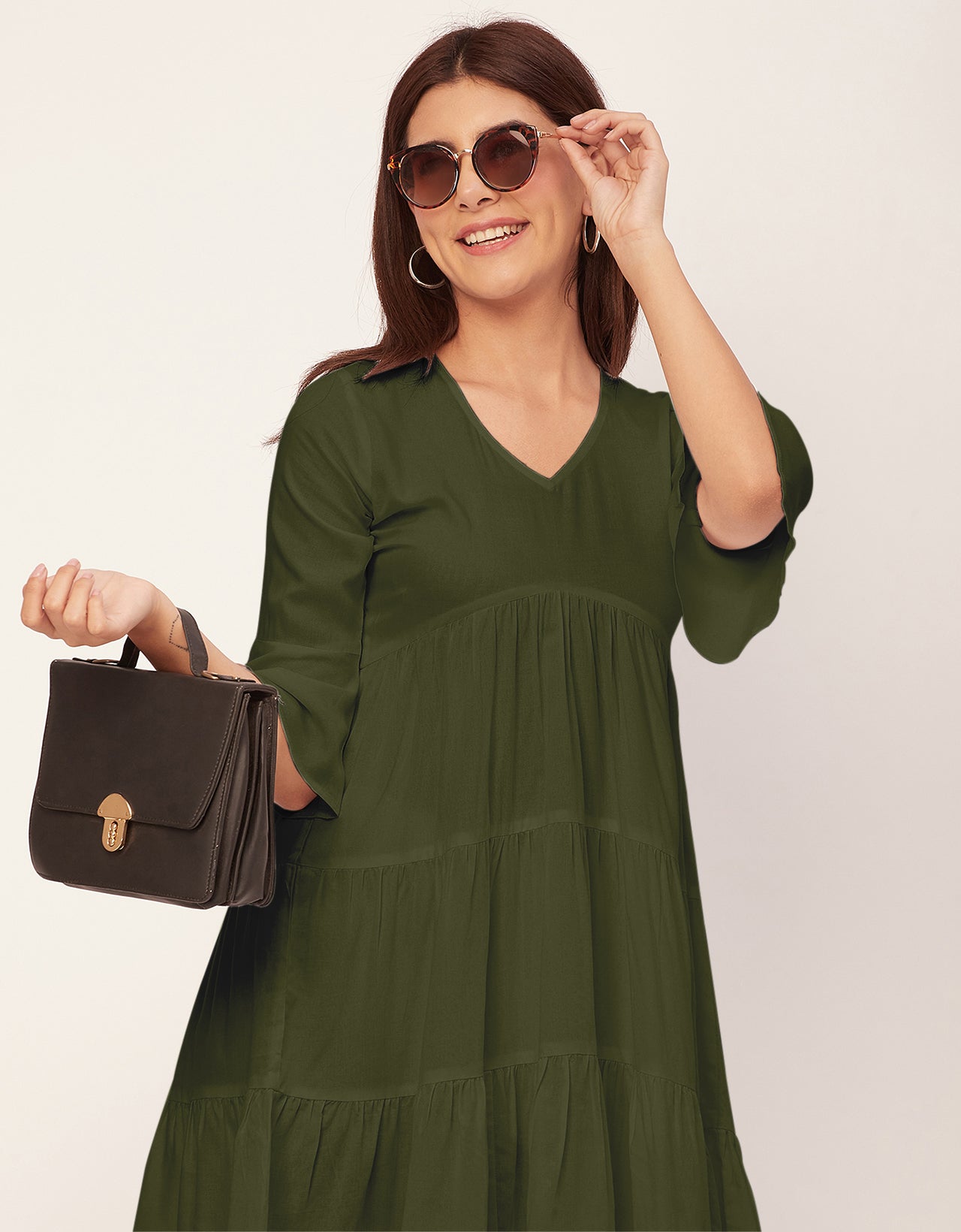 Women Trendy V Neck Solid Rayon Dress